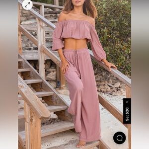 Lulus Off-Shoulder Mauve Pink beachy matching set NEW WITH TAGS size L NWT